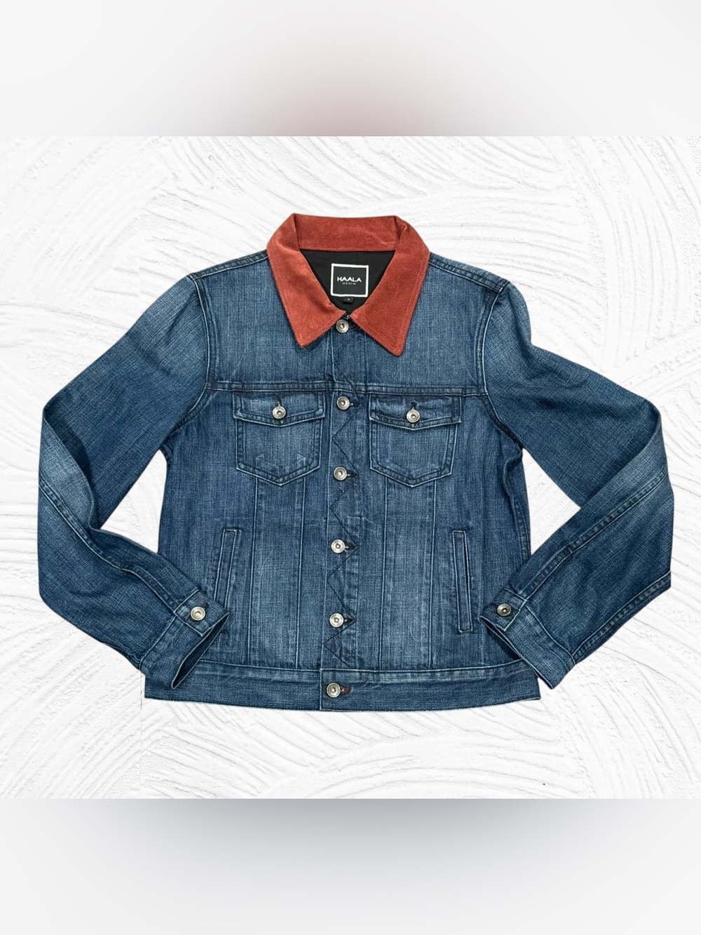Haala Denim & Burgundy Suede Jacket Navy Stitch Large Truckers Western